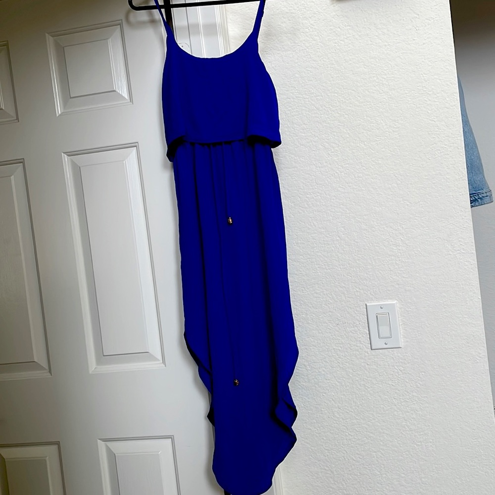 Blue, flowy,mid-length, spaghetti strap, dress. Tags still on.